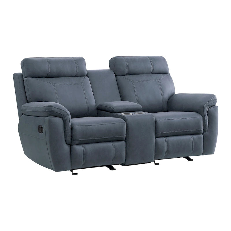Causeuse inclinable double à bascule – Bleue, microfibre moderne et bois massif, 2 utilisateurs