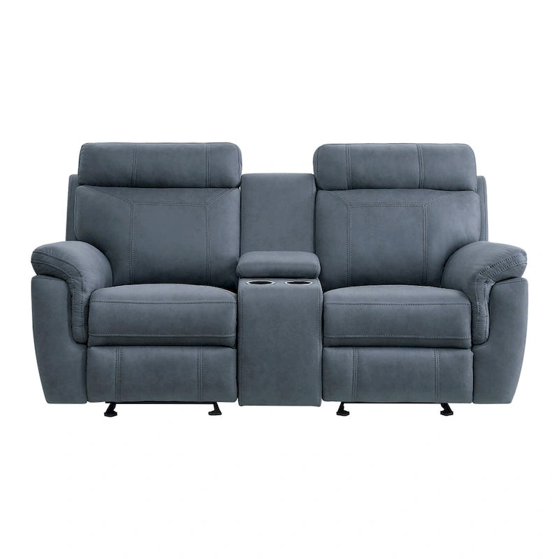 Causeuse inclinable double à bascule – Bleue, microfibre moderne et bois massif, 2 utilisateurs