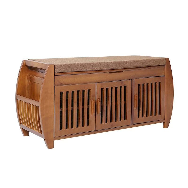 Banc de rangement à chaussures en bambou avec siège rembourré – Marron, étagère classique à 2 niveaux et rangement caché, 1 à 2 utilisateurs