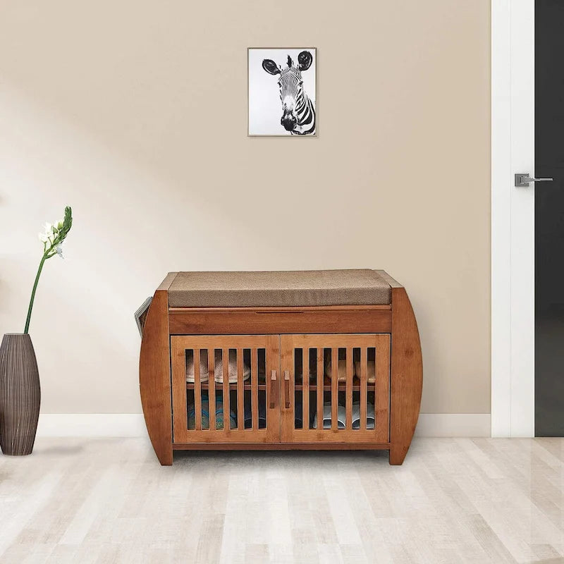 Banc de rangement à chaussures en bambou avec siège rembourré – Marron, étagère classique à 2 niveaux et rangement caché, 1 à 2 utilisateurs