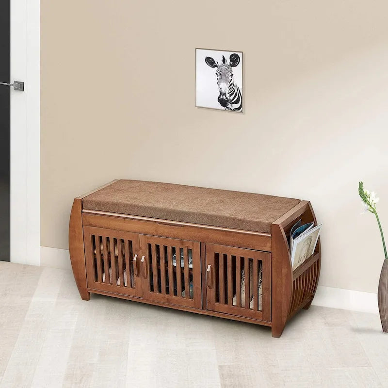 Banc de rangement à chaussures en bambou avec siège rembourré – Marron, étagère classique à 2 niveaux et rangement caché, 1 à 2 utilisateurs