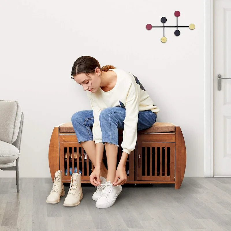 Banc de rangement à chaussures en bambou avec siège rembourré – Marron, étagère classique à 2 niveaux et rangement caché, 1 à 2 utilisateurs