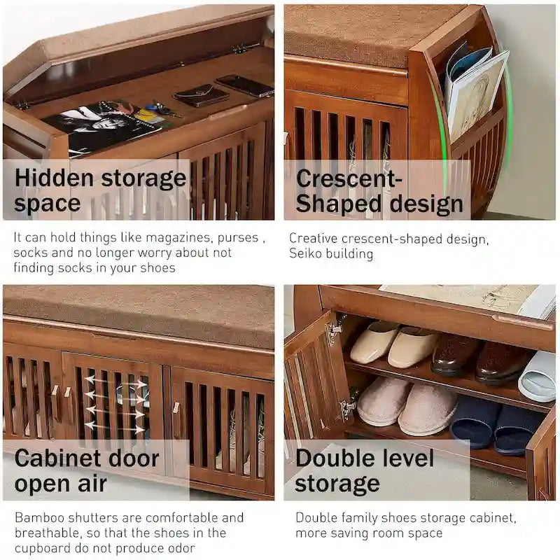 Banc de rangement à chaussures en bambou avec siège rembourré – Marron, étagère classique à 2 niveaux et rangement caché, 1 à 2 utilisateurs