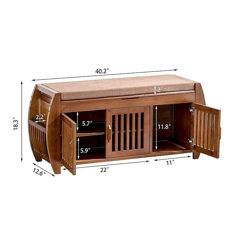 Banc de rangement à chaussures en bambou avec siège rembourré – Marron, étagère classique à 2 niveaux et rangement caché, 1 à 2 utilisateurs