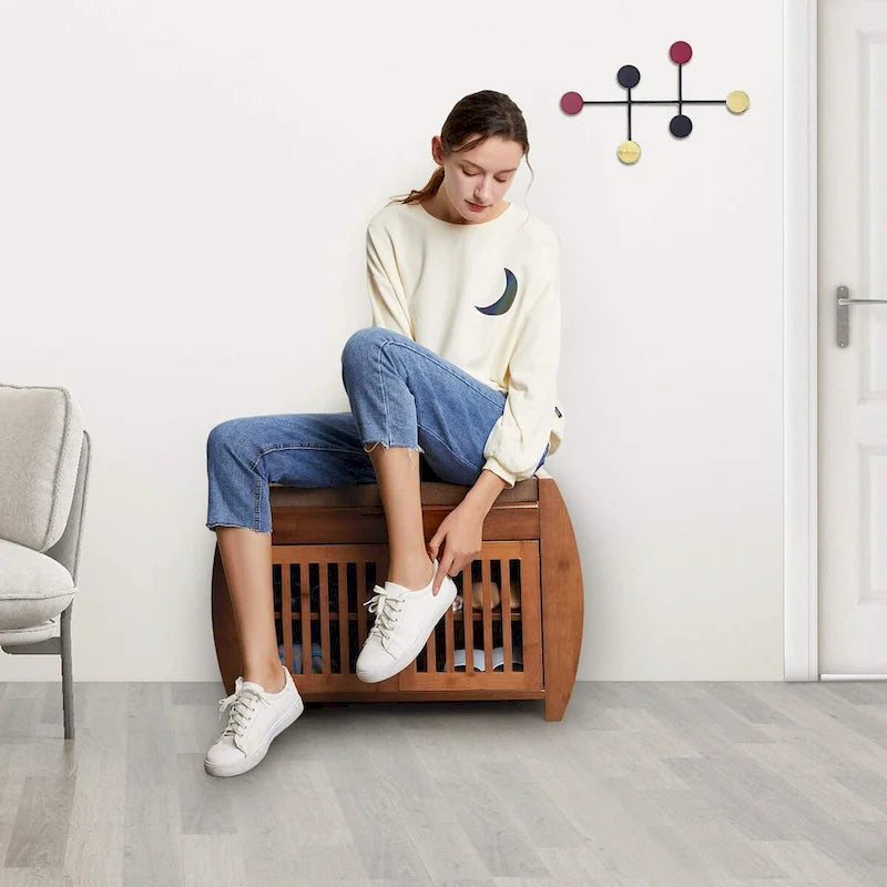 Banc de rangement à chaussures en bambou avec siège rembourré – Marron, étagère classique à 2 niveaux et rangement caché, 1 à 2 utilisateurs