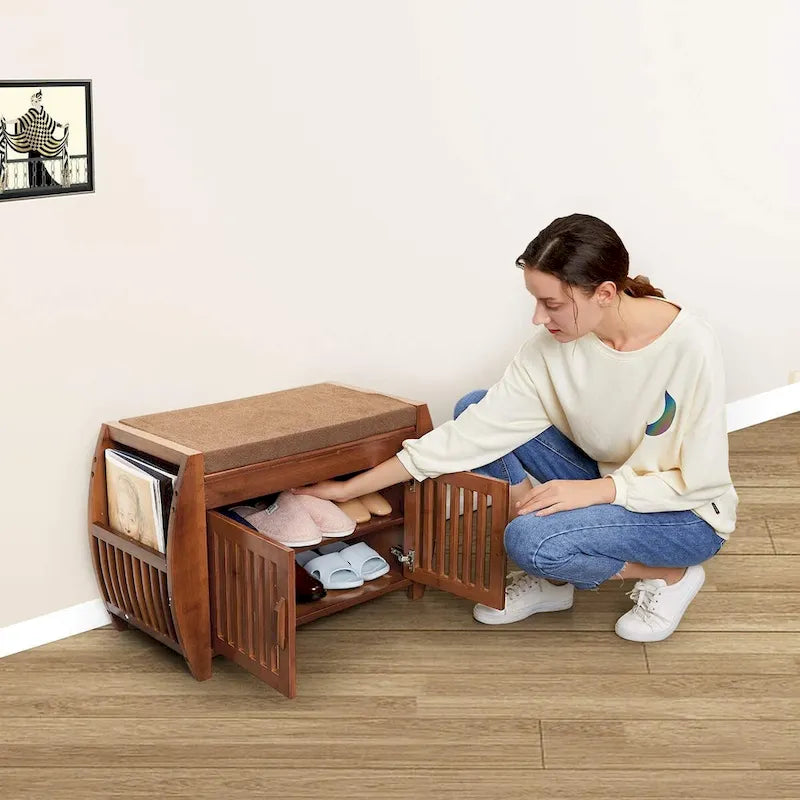 Banc de rangement à chaussures en bambou avec siège rembourré – Marron, étagère classique à 2 niveaux et rangement caché, 1 à 2 utilisateurs