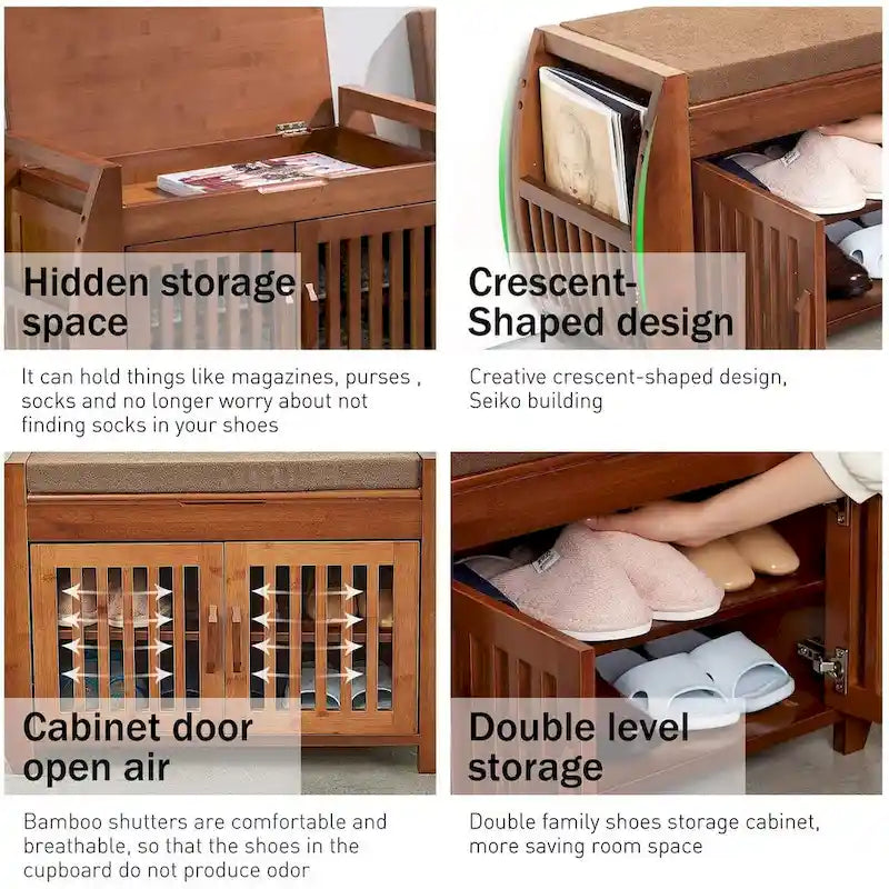 Banc de rangement à chaussures en bambou avec siège rembourré – Marron, étagère classique à 2 niveaux et rangement caché, 1 à 2 utilisateurs