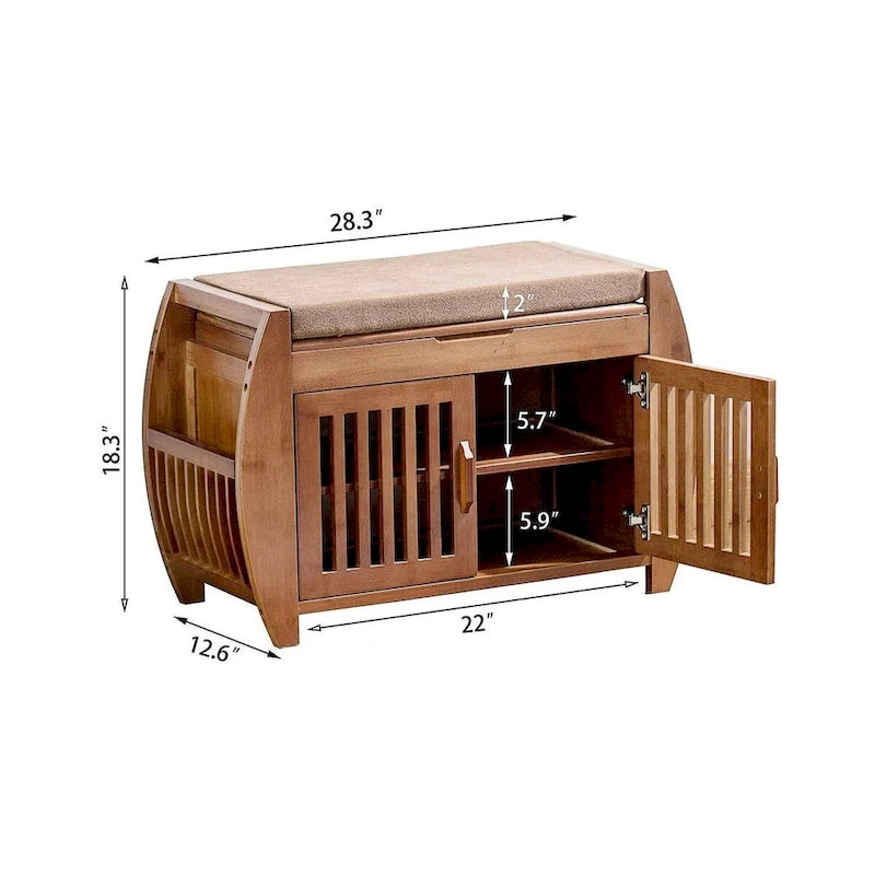 Banc de rangement à chaussures en bambou avec siège rembourré – Marron, étagère classique à 2 niveaux et rangement caché, 1 à 2 utilisateurs