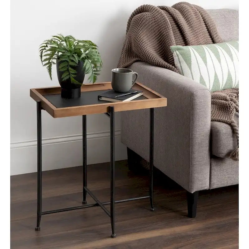 Table d'appoint – Marron rustique/Noir, Plateau en ardoise et Piétement en fer, Monoplace