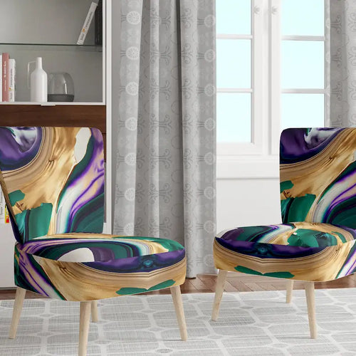Fauteuil d'appoint à motif abstrait – Violet / Vert / Doré, Cadre moderne contemporain en polyester et bois, Utilisateur unique