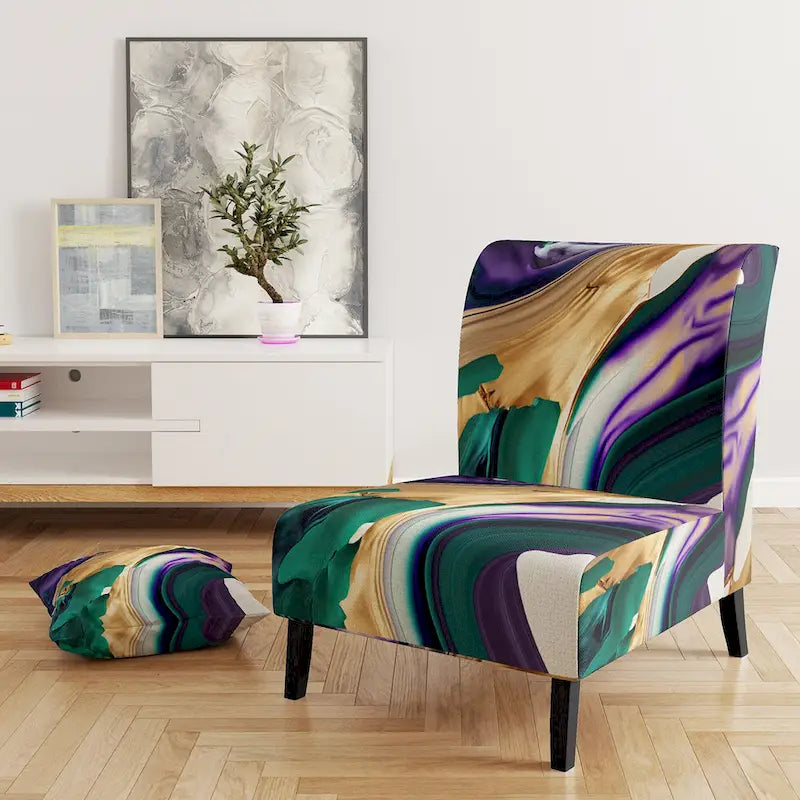 Fauteuil d'appoint à motif abstrait – Violet / Vert / Doré, Cadre moderne contemporain en polyester et bois, Utilisateur unique