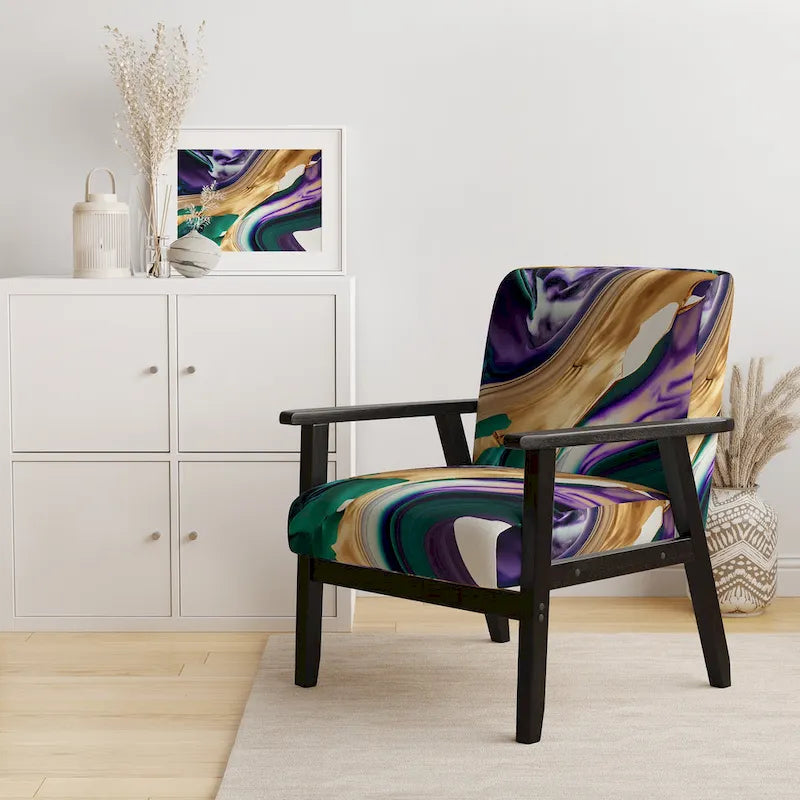 Fauteuil d'appoint à motif abstrait – Violet / Vert / Doré, Cadre moderne contemporain en polyester et bois, Utilisateur unique