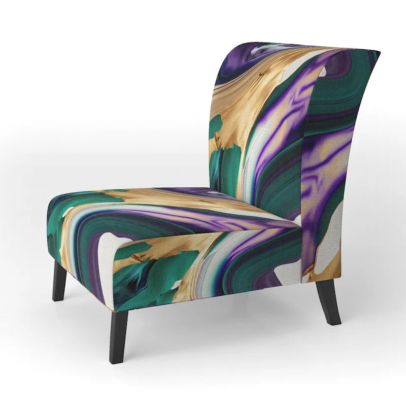 Fauteuil d'appoint à motif abstrait – Violet / Vert / Doré, Cadre moderne contemporain en polyester et bois, Utilisateur unique