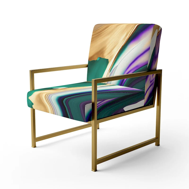 Fauteuil d'appoint à motif abstrait – Violet / Vert / Doré, Cadre moderne contemporain en polyester et bois, Utilisateur unique