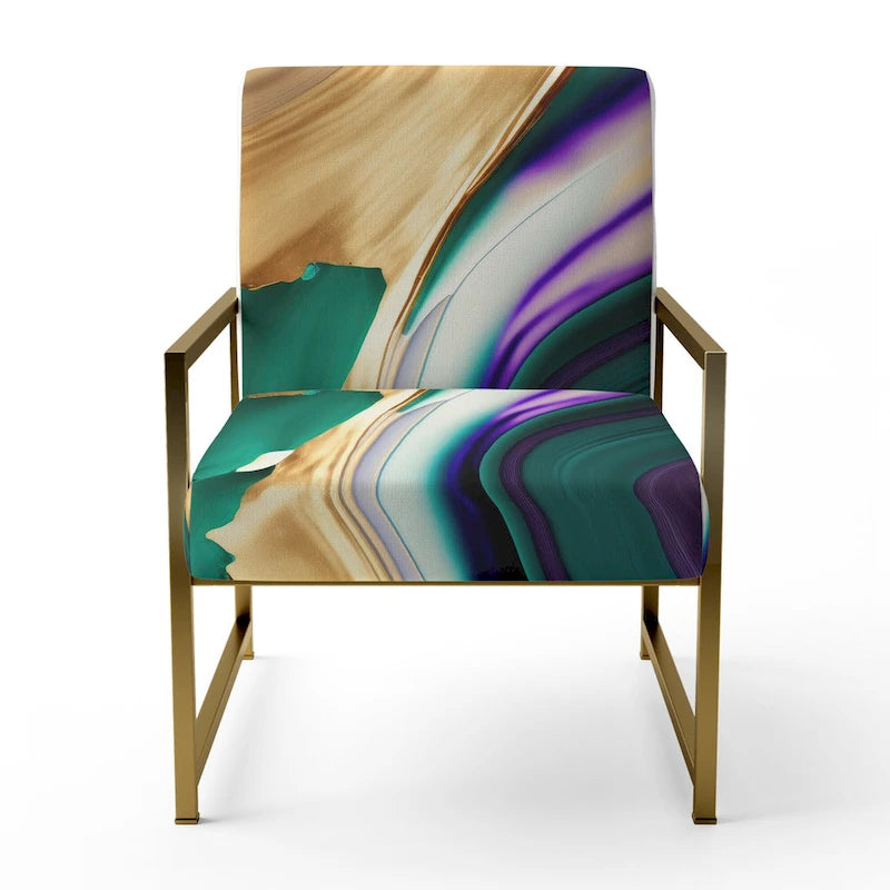 Fauteuil d'appoint à motif abstrait – Violet / Vert / Doré, Cadre moderne contemporain en polyester et bois, Utilisateur unique
