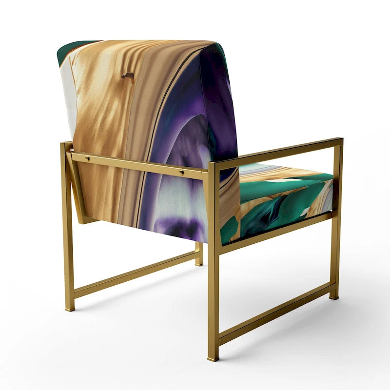 Fauteuil d'appoint à motif abstrait – Violet / Vert / Doré, Cadre moderne contemporain en polyester et bois, Utilisateur unique