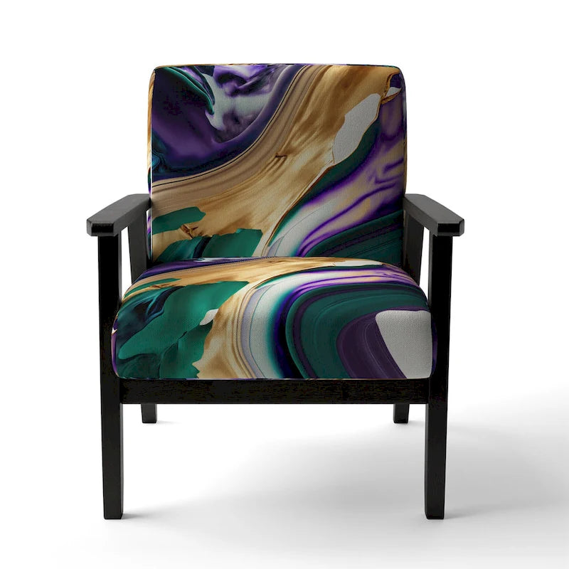 Fauteuil d'appoint à motif abstrait – Violet / Vert / Doré, Cadre moderne contemporain en polyester et bois, Utilisateur unique