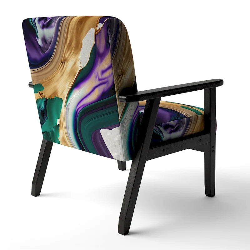 Fauteuil d'appoint à motif abstrait – Violet / Vert / Doré, Cadre moderne contemporain en polyester et bois, Utilisateur unique