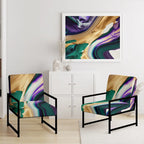Fauteuil d'appoint à motif abstrait – Violet / Vert / Doré, Cadre moderne contemporain en polyester et bois, Utilisateur unique
