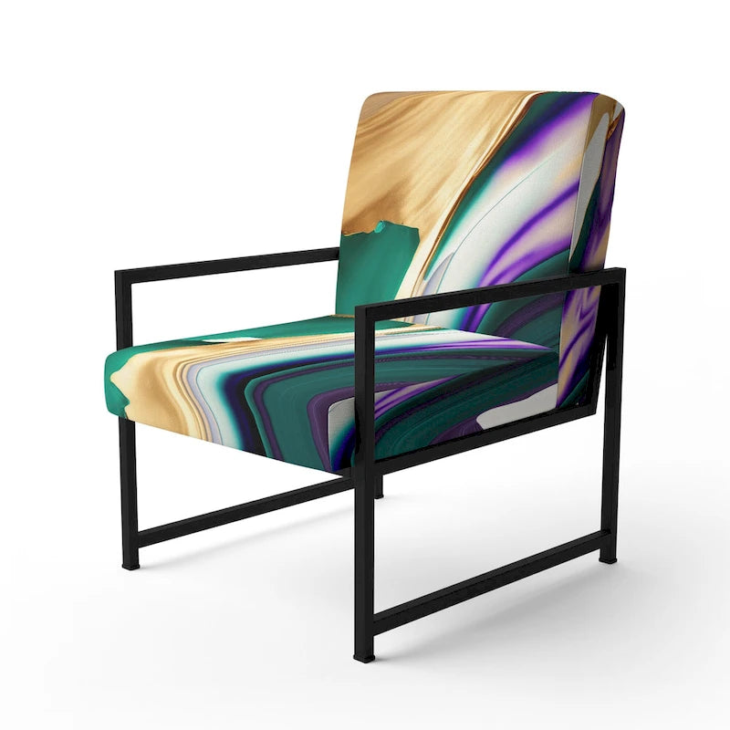 Fauteuil d'appoint à motif abstrait – Violet / Vert / Doré, Cadre moderne contemporain en polyester et bois, Utilisateur unique