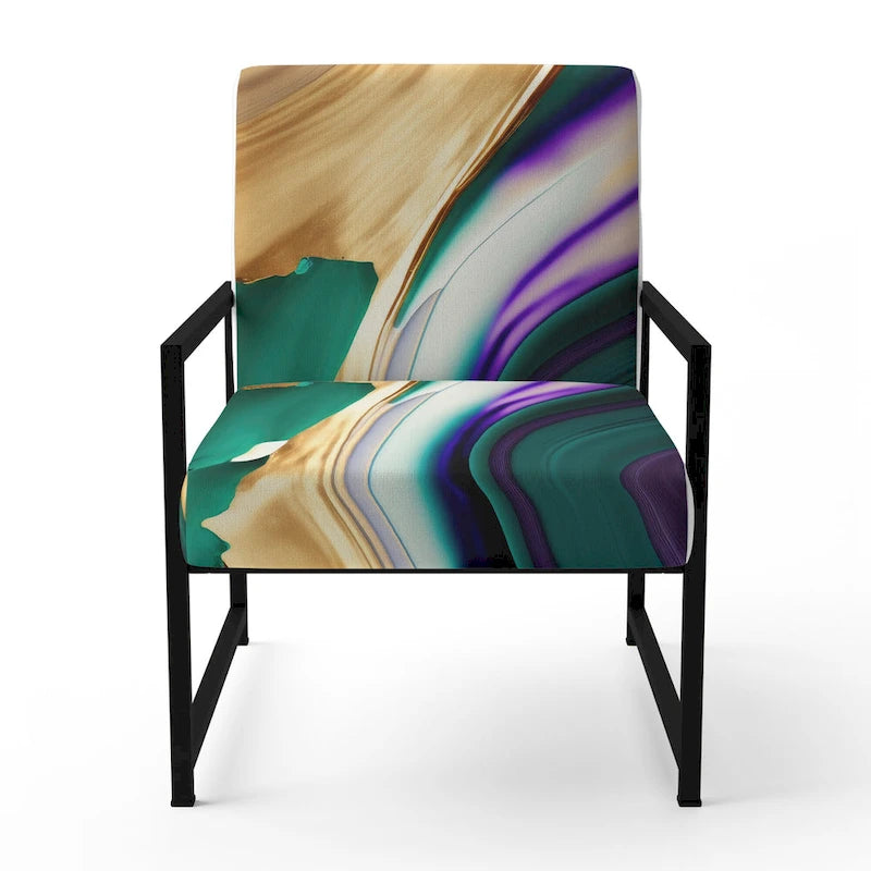 Fauteuil d'appoint à motif abstrait – Violet / Vert / Doré, Cadre moderne contemporain en polyester et bois, Utilisateur unique