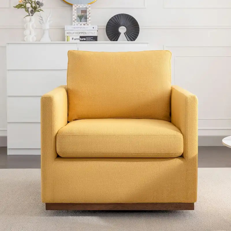 Fauteuil pivotant d'appoint Mid-Century Modern – Beige / Jaune moutarde / Gris clair / Bleu, base en lin et bois d'hévéa, une place