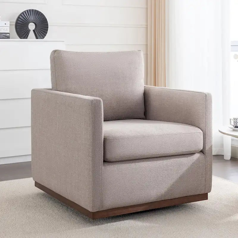 Fauteuil pivotant d'appoint Mid-Century Modern – Beige / Jaune moutarde / Gris clair / Bleu, base en lin et bois d'hévéa, une place