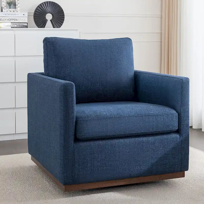 Fauteuil pivotant d'appoint Mid-Century Modern – Beige / Jaune moutarde / Gris clair / Bleu, base en lin et bois d'hévéa, une place