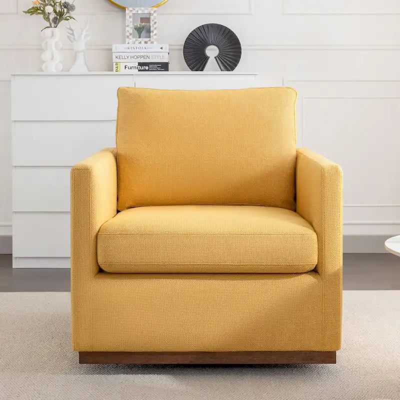 Fauteuil pivotant d'appoint Mid-Century Modern – Beige / Jaune moutarde / Gris clair / Bleu, base en lin et bois d'hévéa, une place