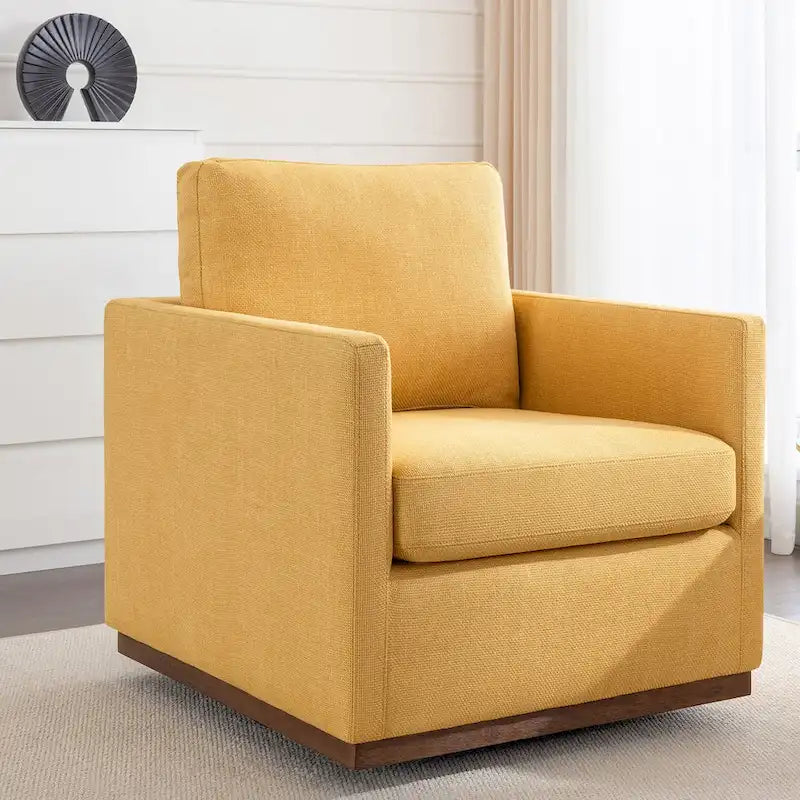 Fauteuil pivotant d'appoint Mid-Century Modern – Beige / Jaune moutarde / Gris clair / Bleu, base en lin et bois d'hévéa, une place