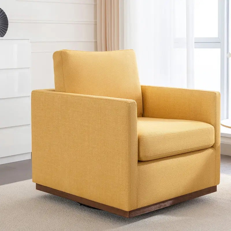 Fauteuil pivotant d'appoint Mid-Century Modern – Beige / Jaune moutarde / Gris clair / Bleu, base en lin et bois d'hévéa, une place