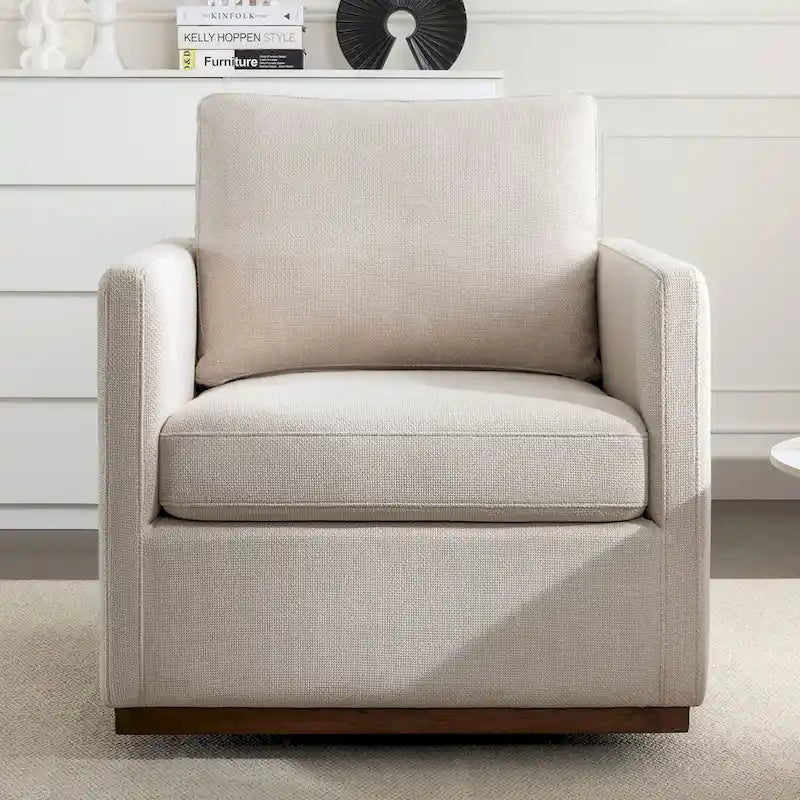Fauteuil pivotant d'appoint Mid-Century Modern – Beige / Jaune moutarde / Gris clair / Bleu, base en lin et bois d'hévéa, une place
