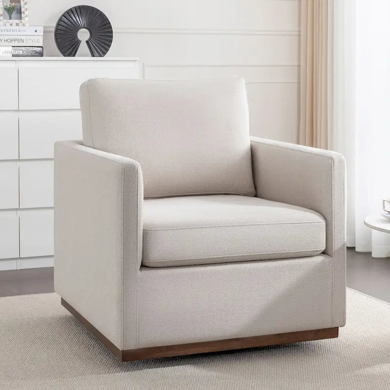 Fauteuil pivotant d'appoint Mid-Century Modern – Beige / Jaune moutarde / Gris clair / Bleu, base en lin et bois d'hévéa, une place