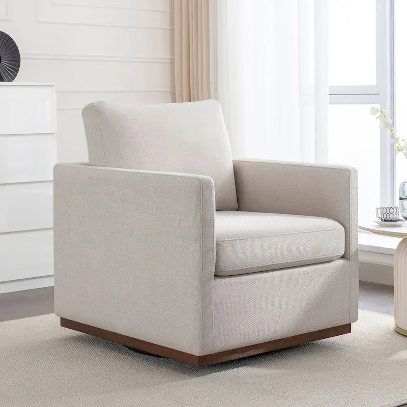 Fauteuil pivotant d'appoint Mid-Century Modern – Beige / Jaune moutarde / Gris clair / Bleu, base en lin et bois d'hévéa, une place