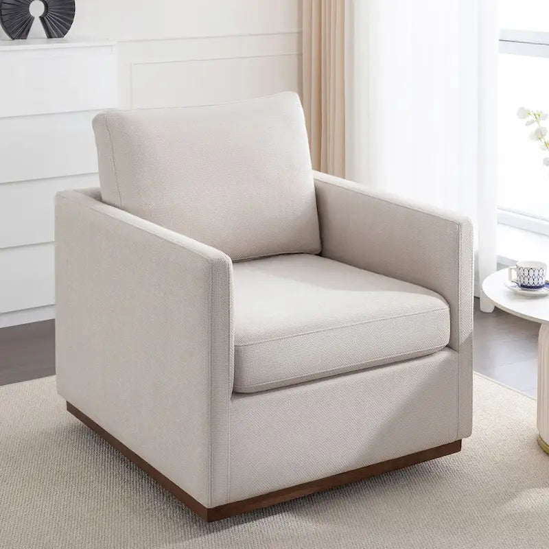 Fauteuil pivotant d'appoint Mid-Century Modern – Beige / Jaune moutarde / Gris clair / Bleu, base en lin et bois d'hévéa, une place