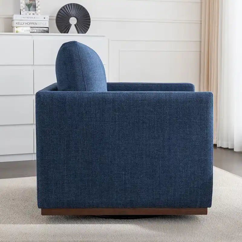 Fauteuil pivotant d'appoint Mid-Century Modern – Beige / Jaune moutarde / Gris clair / Bleu, base en lin et bois d'hévéa, une place