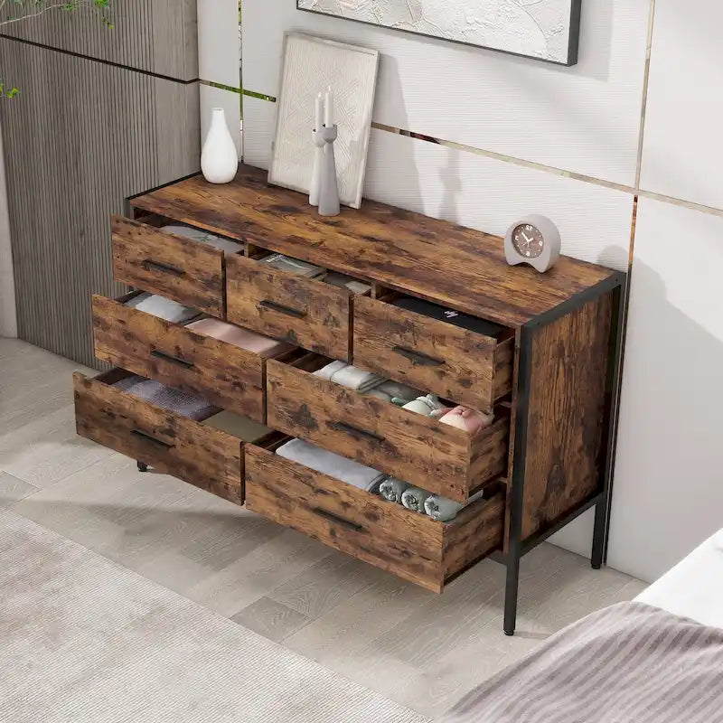 Commode en bois à 7 tiroirs – Marron / Gris, MDF et cadre en acier, 1 à 2 utilisateurs