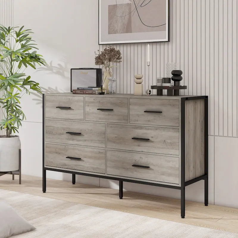 Commode en bois à 7 tiroirs – Marron / Gris, MDF et cadre en acier, 1 à 2 utilisateurs