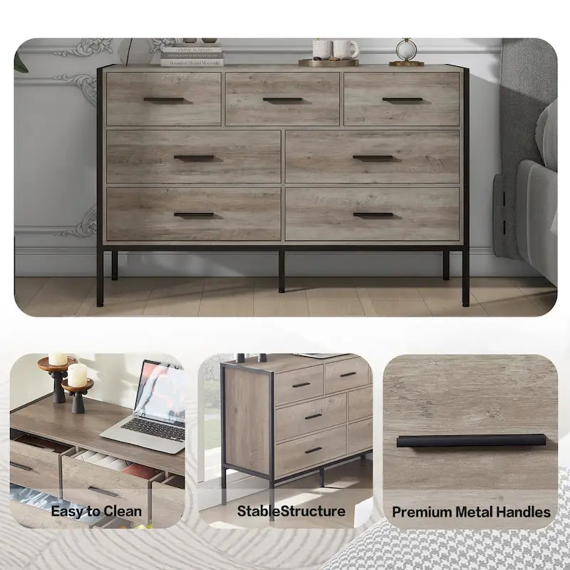 Commode en bois à 7 tiroirs – Marron / Gris, MDF et cadre en acier, 1 à 2 utilisateurs
