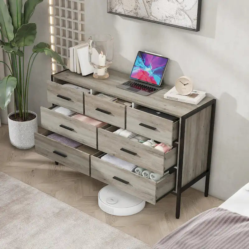 Commode en bois à 7 tiroirs – Marron / Gris, MDF et cadre en acier, 1 à 2 utilisateurs