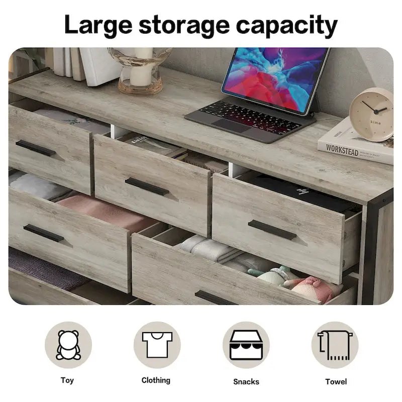 Commode en bois à 7 tiroirs – Marron / Gris, MDF et cadre en acier, 1 à 2 utilisateurs