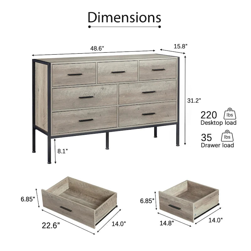 Commode en bois à 7 tiroirs – Marron / Gris, MDF et cadre en acier, 1 à 2 utilisateurs