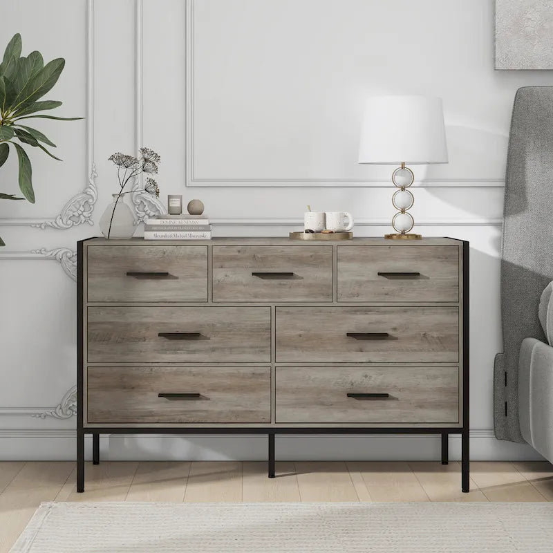Commode en bois à 7 tiroirs – Marron / Gris, MDF et cadre en acier, 1 à 2 utilisateurs