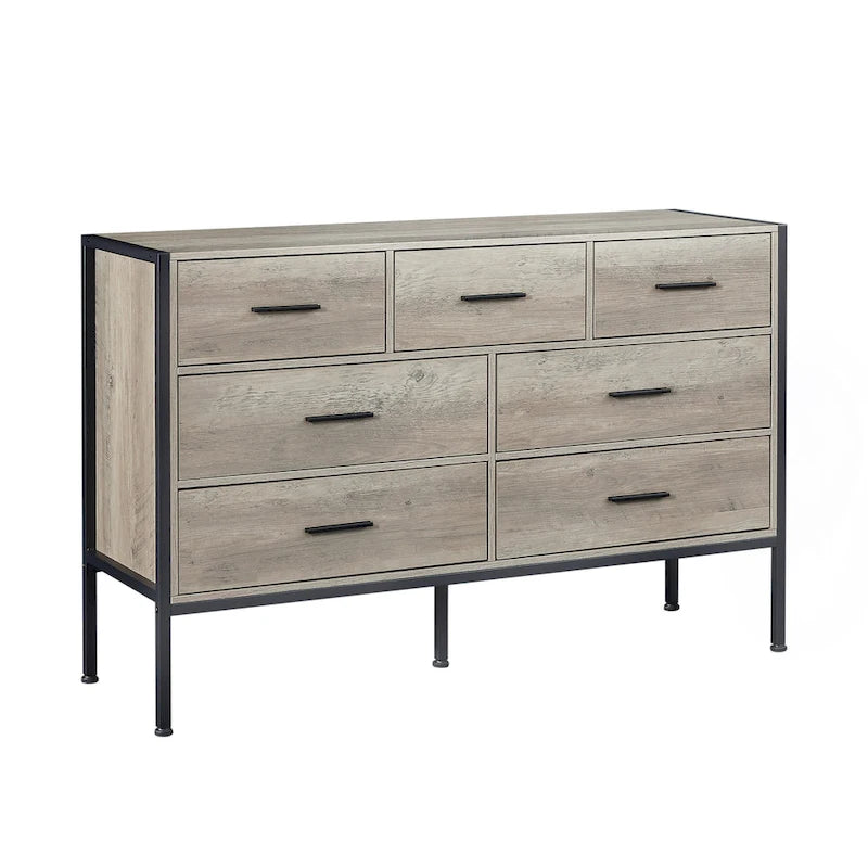 Commode en bois à 7 tiroirs – Marron / Gris, MDF et cadre en acier, 1 à 2 utilisateurs