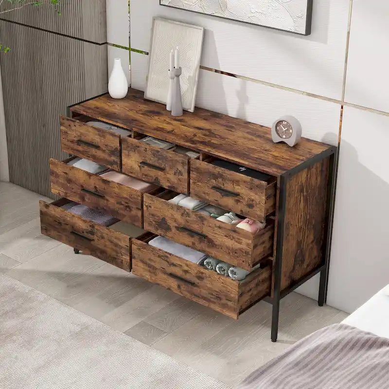 Commode en bois à 7 tiroirs – Marron / Gris, MDF et cadre en acier, 1 à 2 utilisateurs