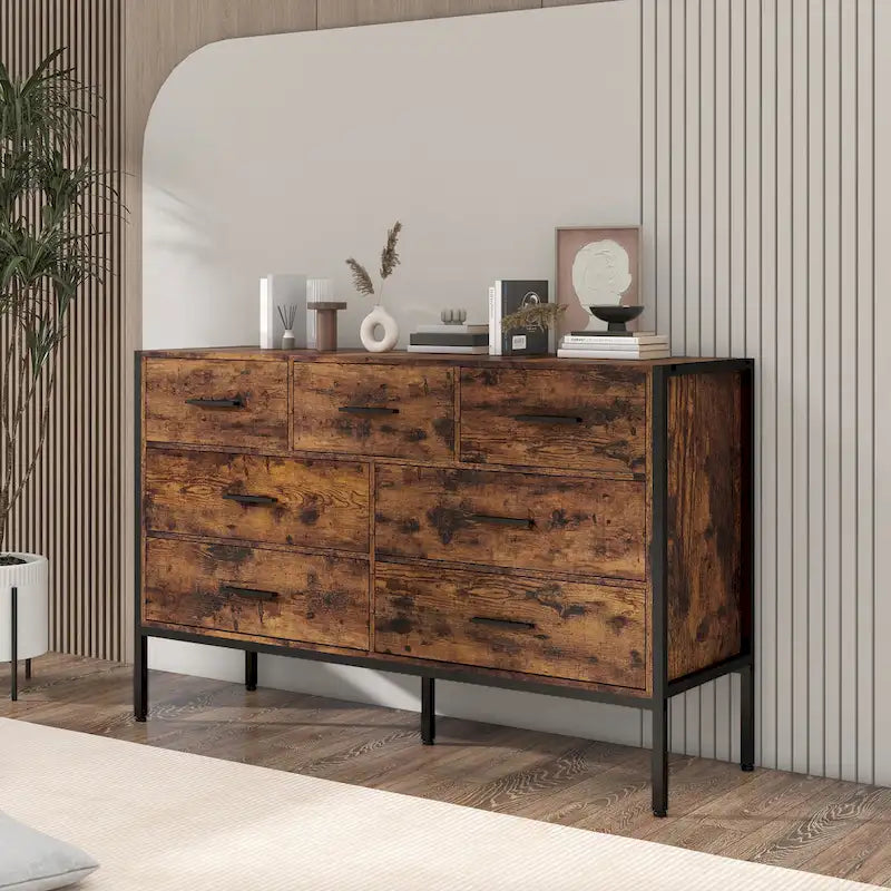 Commode en bois à 7 tiroirs – Marron / Gris, MDF et cadre en acier, 1 à 2 utilisateurs