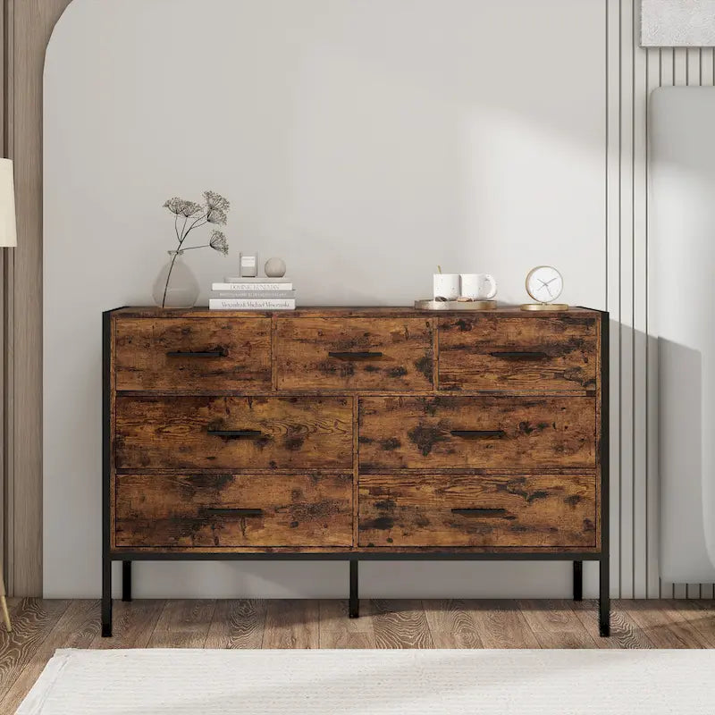 Commode en bois à 7 tiroirs – Marron / Gris, MDF et cadre en acier, 1 à 2 utilisateurs