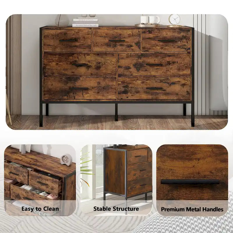 Commode en bois à 7 tiroirs – Marron / Gris, MDF et cadre en acier, 1 à 2 utilisateurs