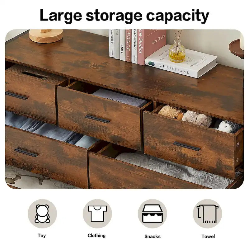 Commode en bois à 7 tiroirs – Marron / Gris, MDF et cadre en acier, 1 à 2 utilisateurs