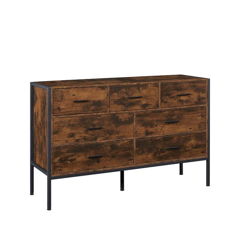 Commode en bois à 7 tiroirs – Marron / Gris, MDF et cadre en acier, 1 à 2 utilisateurs